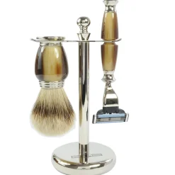 Golddachs Rasierset Silberzupf, Galalith silber